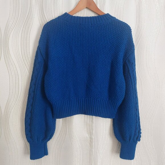 Anthropologie Indigo Blue Sweater Size M Cable Knit Crop Balloon Sleeve Warm EUC - Picture 12 of 14